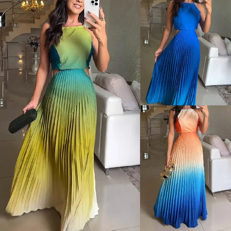 

Gradient Printed Pleated Skirt For Women New Suspender Lace-up Backless Long Skirt Summer Sleeveless Hollow Bohemian Party Skirt