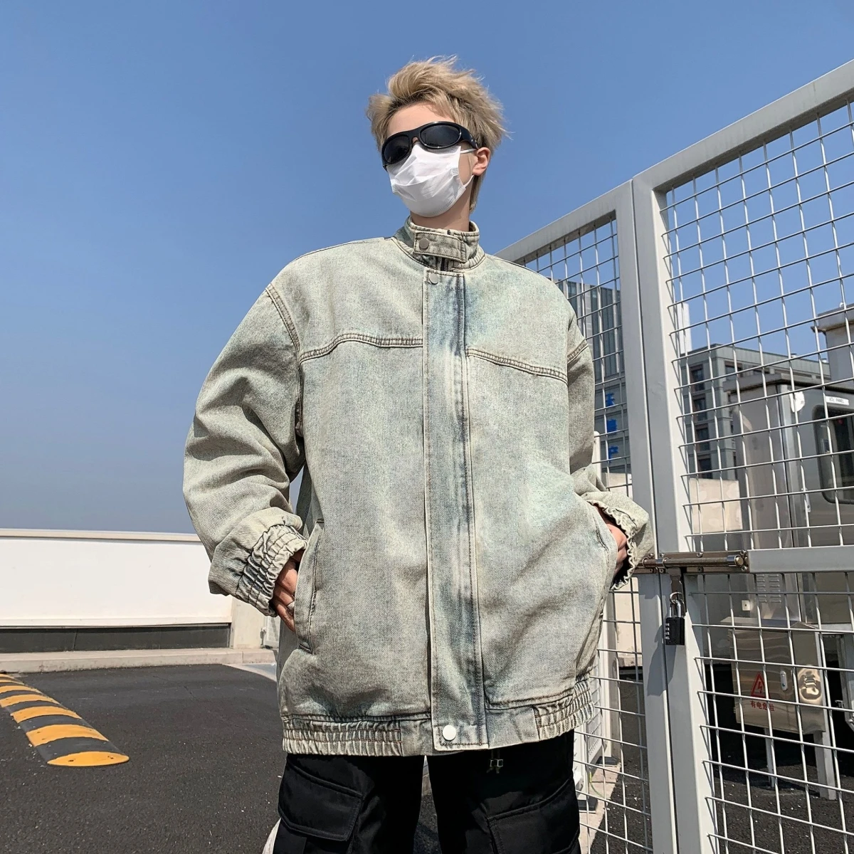 

Casual Loose Men's Denim Jaet American Sle Stand Collar Hip Hop Faionable All-Match Sli Trendy Brand Outerwear