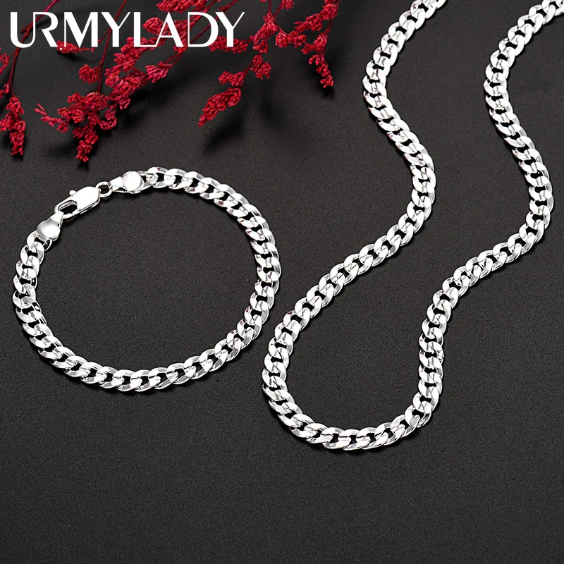 Hot high quality 925 Sterling silver charm 7MM Chain bracelets neckalces jewelry set for man women fashion Party wedding gifts