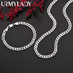 Hot high quality 925 Sterling silver charm 7MM Chain bracelets neckalces jewelry set for man women fashion Party wedding gifts