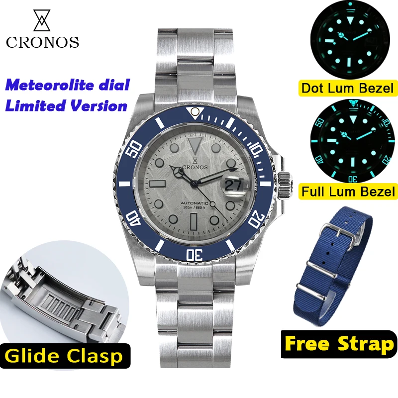 Cronos Sub Diver Mannen Horloge Roestvrij Staal Pt5000 Armband Keramische Bezel 200 Meter Waterbestendig Glideclasp L6005 V3