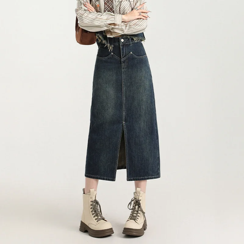 Retro Blue High-Waisted Slit Denim Skirt Women's Spring and Autumn 2025 New A-Line Skirt Mid-Length Hip Skirt