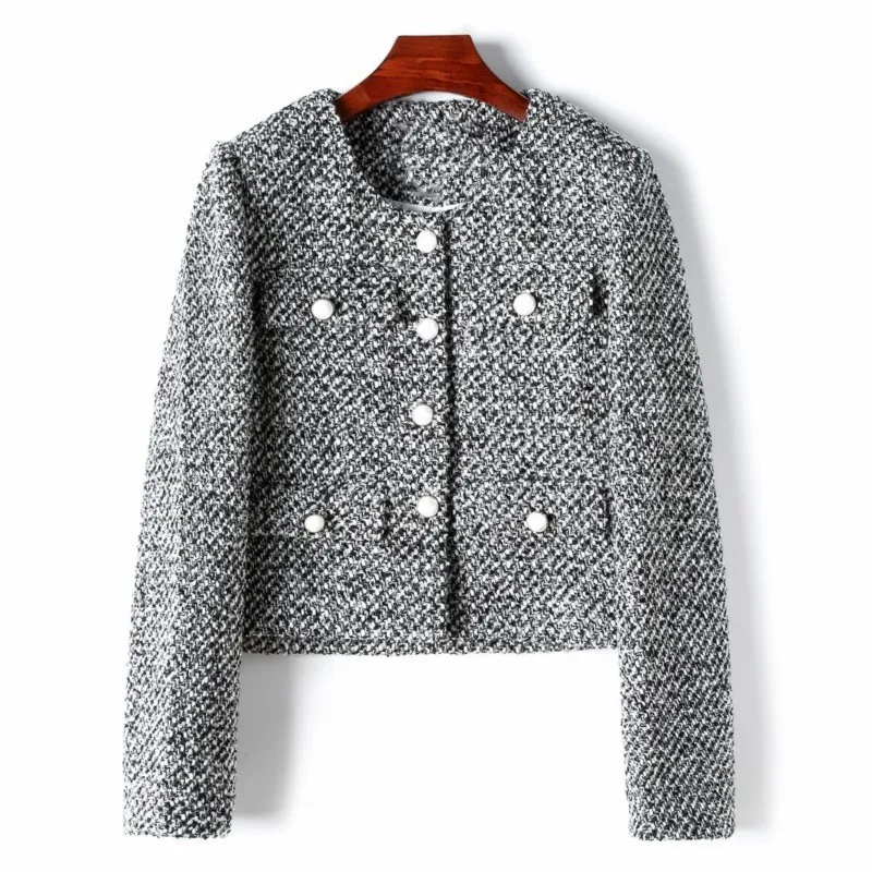 

Women's tweed coat spring new blended coat casual round neck women's top