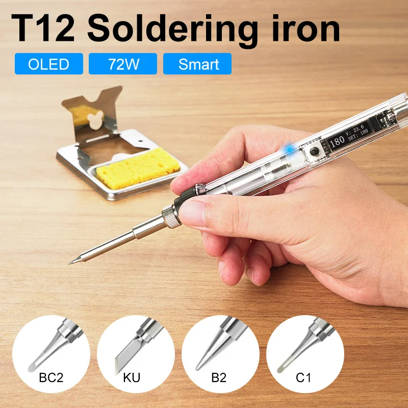 T12 adjustable portable digital display soldering iron 72W fast heating transparent handle circuit board soldering tool