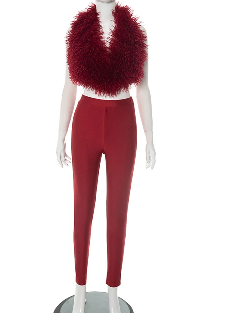 クリセシーン レディース ホルターネック Vネック タイバック クロップトップ レギンススーツセット ゴージャスな赤いファーリートラックスーツセット 2ピース クラブ衣装