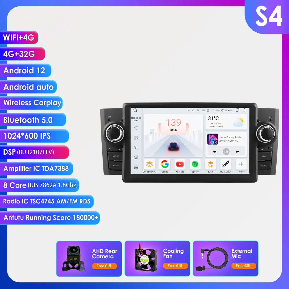 OSSURET 1Din 8G 128G Carplay Android 14 autoradio voor FIAT Grande Punto Linea 2007-2012 GPS multimediaspeler navigatie 7862