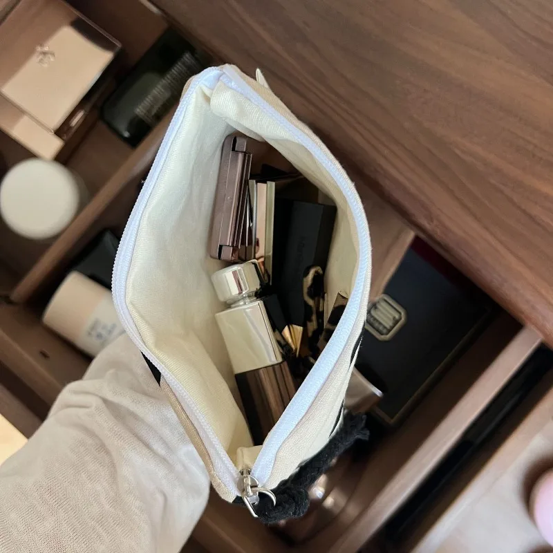 Minimalist Striped Polka Dot Cosmetic Bag Simple Wish Label Portable Hand Makeup Pouch Women Daily Sundries Storage Purse
