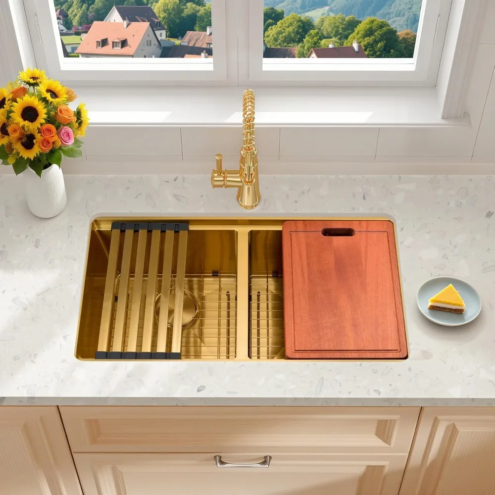 

32 Inch Gold Undermount Kitchen Sink, 50/50 Double Bowl Workstation Sink With Integrated Ledge & Accessories,