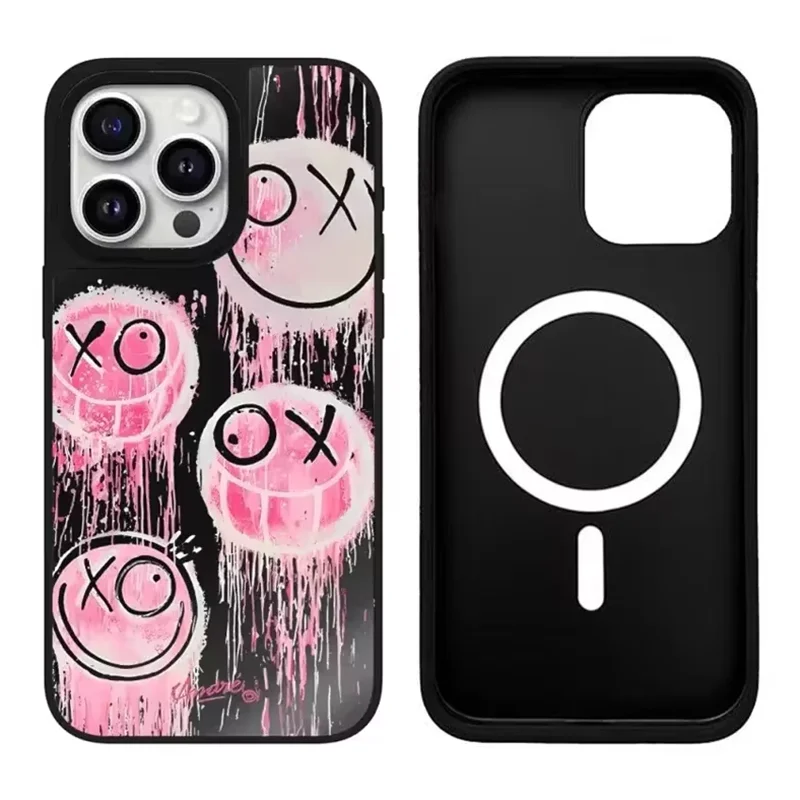 Flower Cartoon Graffiti Letters iPhone 11 12 13 14 15 Pro Max Mirror Surface MagSafe Case Cover Shell