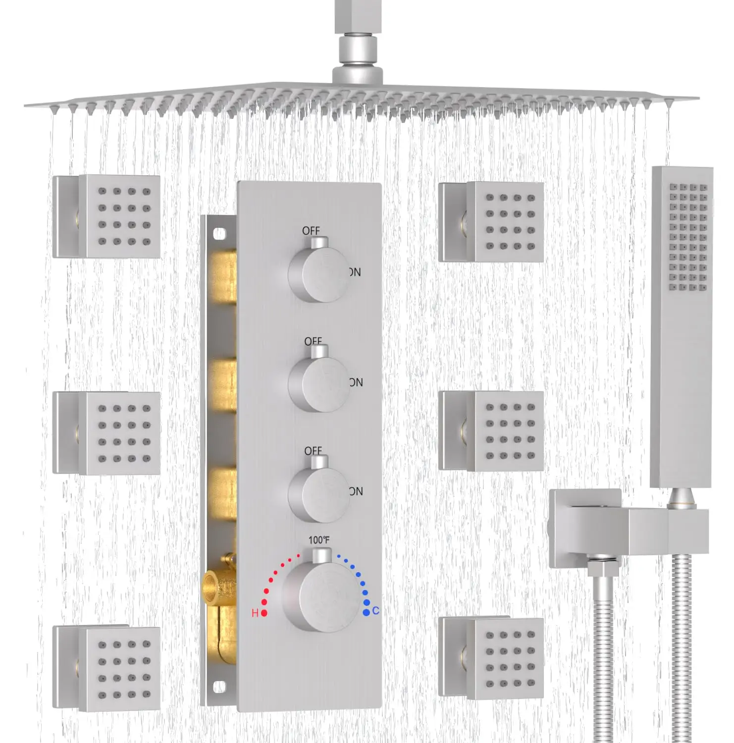 

Матовый никель 16-дюймовая термостатическая душевая система с дождевым душем и форсунками для корпуса Набор смесителей для душа с потолочным креплением и клапаном