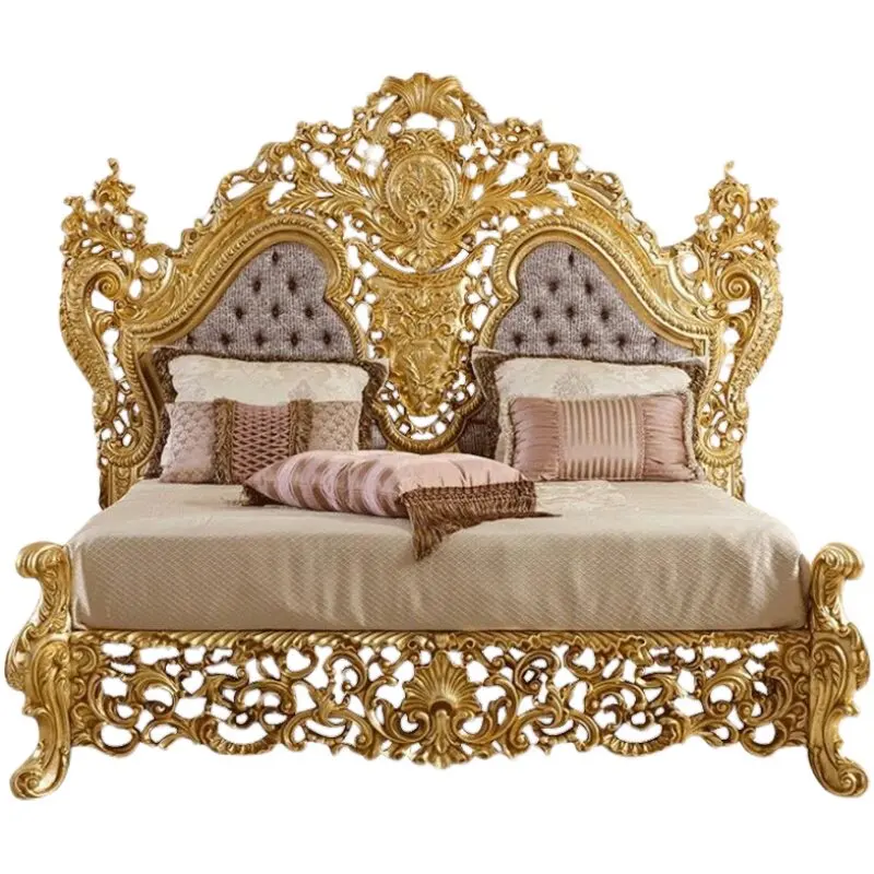 Villa bedroom combination furniture, solid wood carving flower fabric double wedding bed, master bedroom 1.8 meters bed