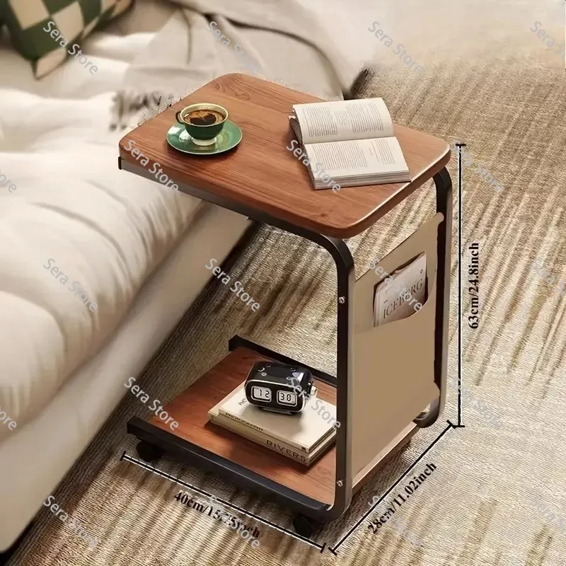 1pc Brown Rolling Side Table with Storage Bag - Solid Wood Table, C-Shaped Desk for Sofa and Bedside, Metal Frame Feature Table