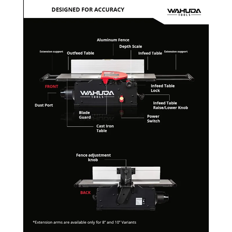 Jointer - Jointer de madeira de bancada de 8 polegadas, jointer portátil de cabeça de corte em espiral, mesas de ferro fundido com extensões extraíveis, 4 lados