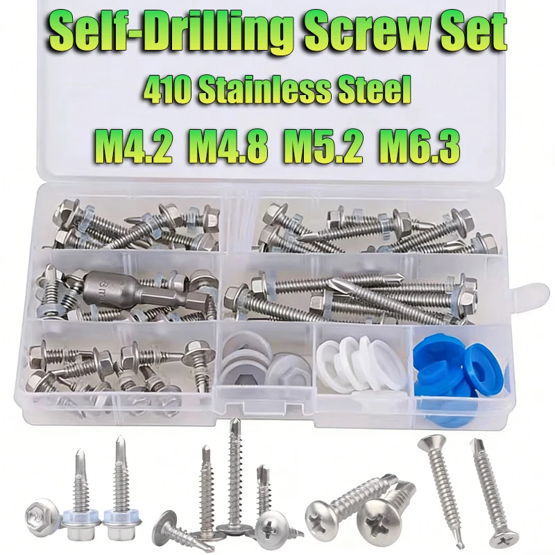 

# 8~ # Набор саморезов для листового металла 14 шт. (M4.2-M6.3) из нержавеющей стали 410 с шестигранной головкой и шайбой, высокопрочные, для быстрого крепления