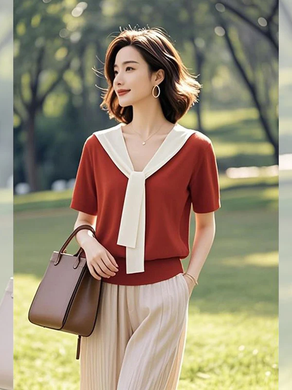 Red Shoulder-Length Short-Sleeve Women's T-Shirt Commute Style Korean Version Summer New Design Sensation Commute Atmosphere Top