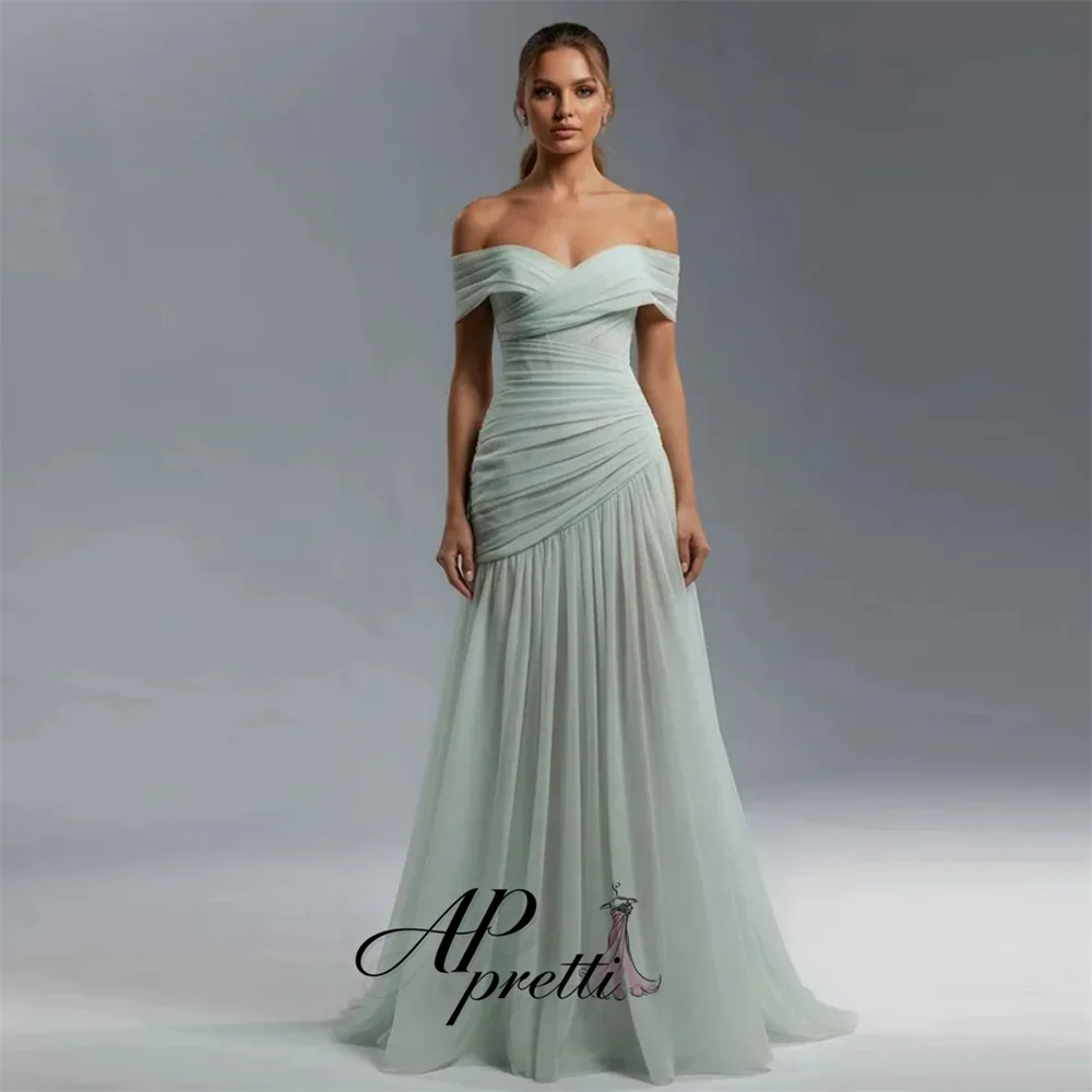 AP pretti Elegant Sage Green Off The Shoulder Evening Gown Dress Chiffon A-Line Pleated Party Dress Prom Gown Customized