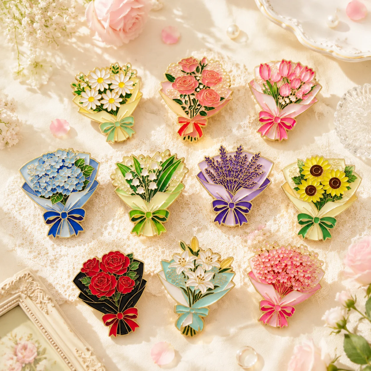 Men Accessories Bouquet - Набор из 10 эмалевых значков-бутонов цветов: