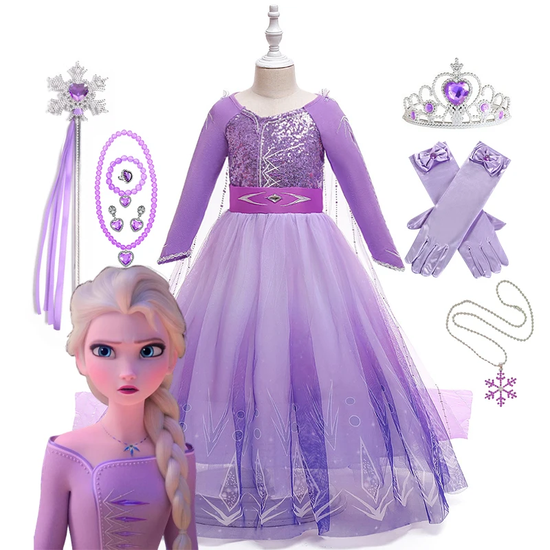 Disney Girls Cosplay Frozen Elsa Purple Princess Dress Kids Birthday Party Halloween Carnival Disguise Children Elsa Vestidos