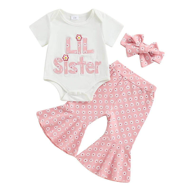 Baby Girl Summer Outfits Letter Embroidered Short Sleeve Rompers Flower Print Flare Pants Headband 3Pcs Clothes Set