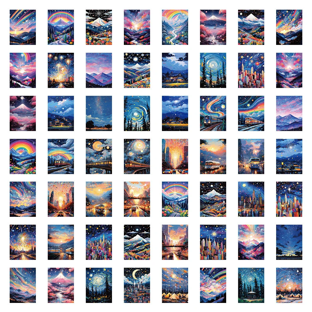 10/30/60pcs Kawaii Art Street Night View adesivi per pittura a olio decalcomanie estetiche per cartoni animati fai da te Laptop Phone Car Decoration Sticker