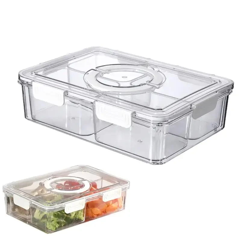 

Portable Divided Serving Tray with Lid 4 Compartments Snack Platter with Lid & Handle Transparent Fruit Platter for Refrigerator