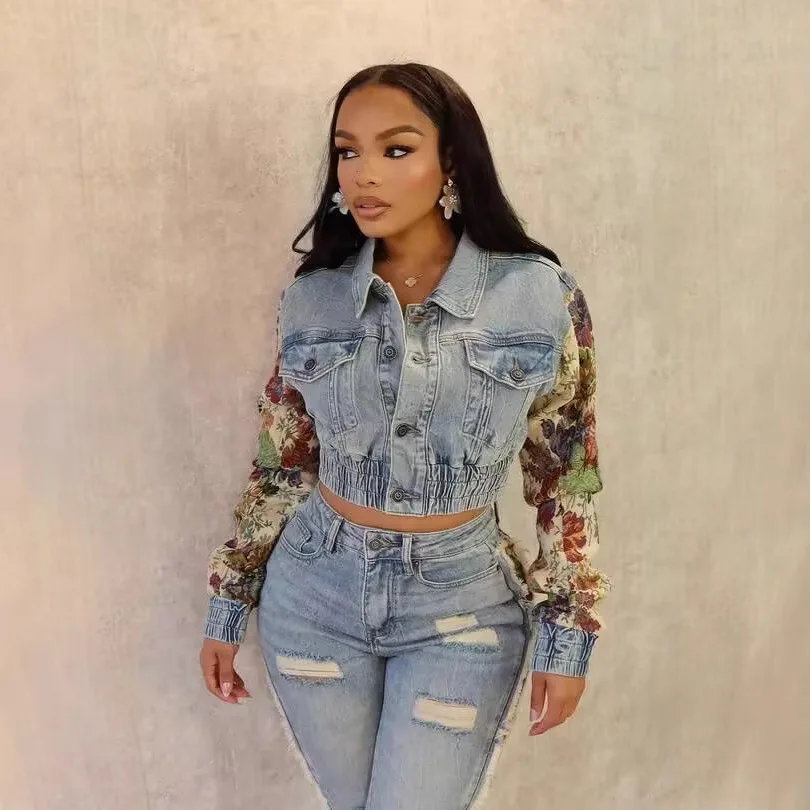 Women Spliced Denim Jackets Single Breasted Coat Distressed Long Sleeve Turn Down Collar Pockets High Street Slim Washed