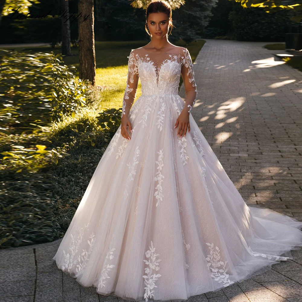 Lceland Poppy Customized A Line Scoop Neck Lace Wedding Dresses Floor Length Beaded Long Sleeves Bridal Gowns