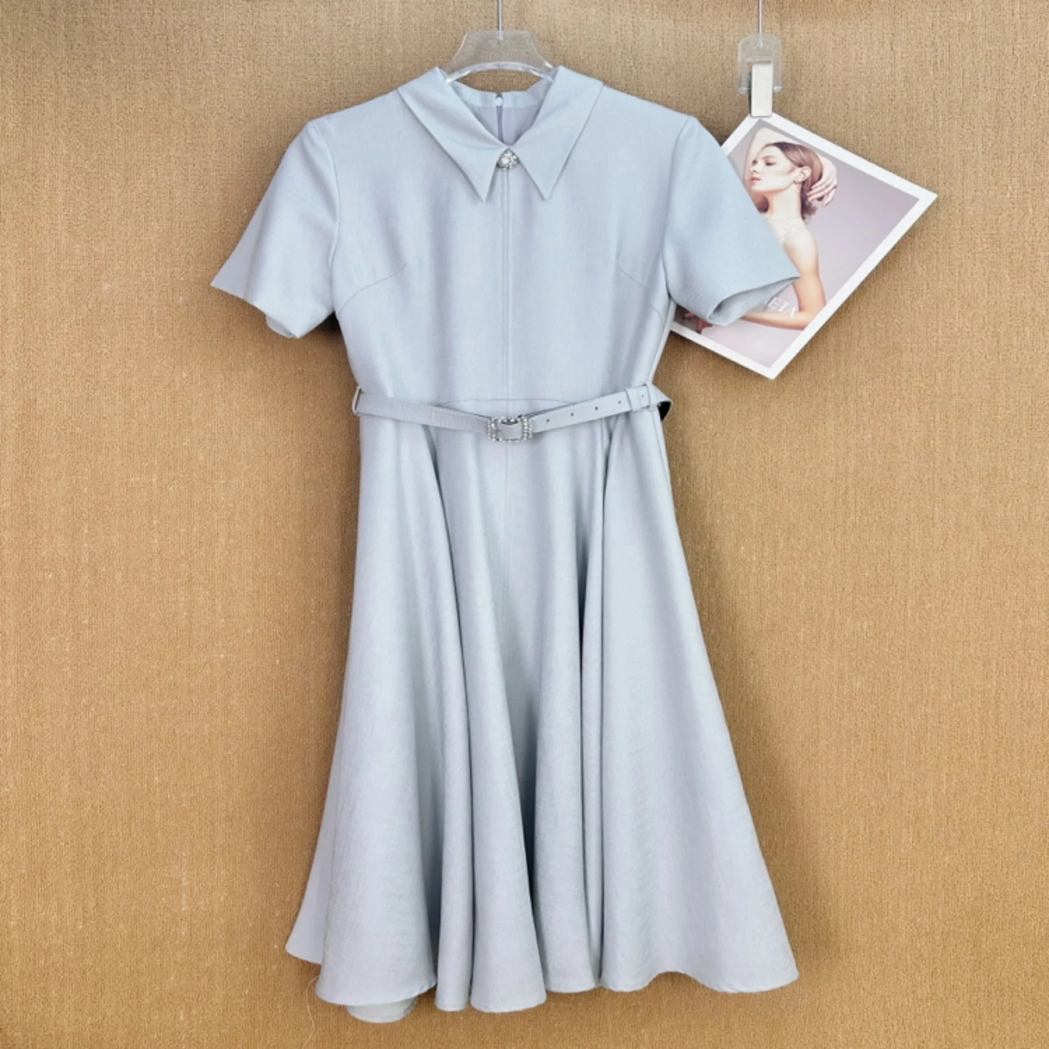 Women's Summer Light Blue Luxury Rhinestone Button Dress