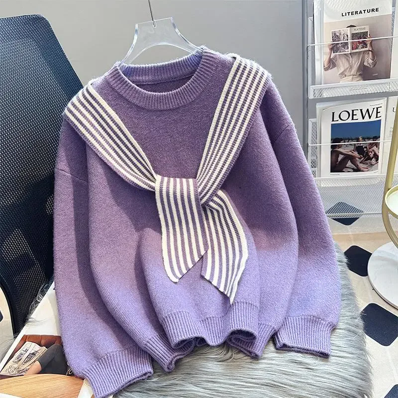 

2024 Fashionable New Autumn And Winter Pullover Women's Top Loose Versatile Bow round Collar Sweater Women