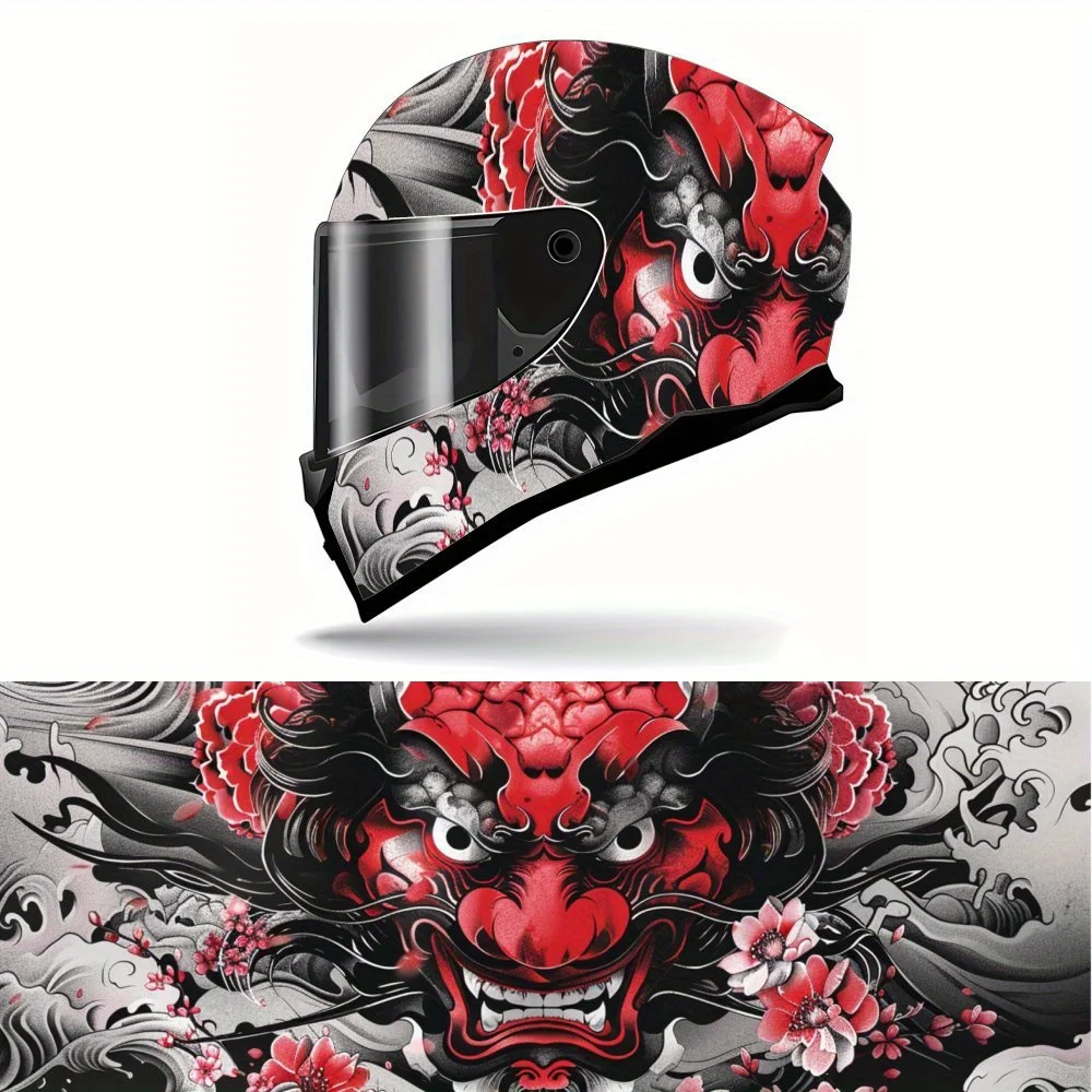 Oni Mask with Wave Shadow PVC Motorcycle Helmet Vinyl Wrap, Self-Adhesive Waterproof Sticker, Anti-Scratch Decorative Film for F