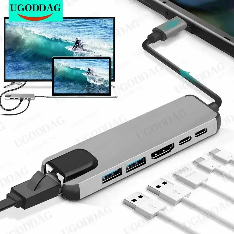 USB 3.1 HUB Type C to HDMI-compatible rj45 PD USB 3.0 Multi Adapter Dock Accessories Type C Splitter 6 Port HUB  for MacBook Pro