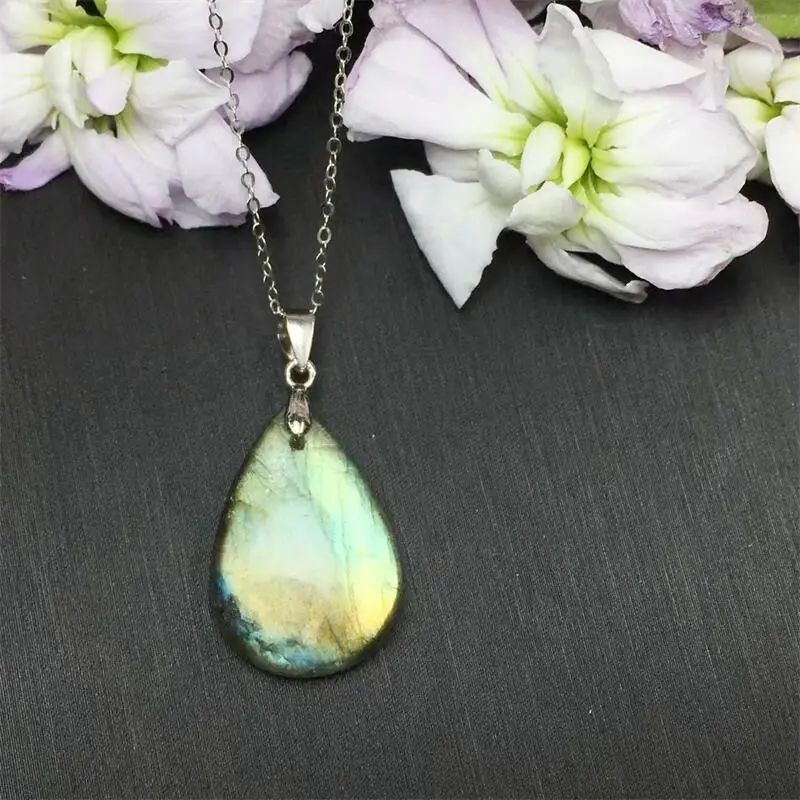 S925 Natural Colored Labradorite Teardrop Pendant For Woman Lady Men Love Healing Wealth Crystal Beads Clear Gemstone Jewelry