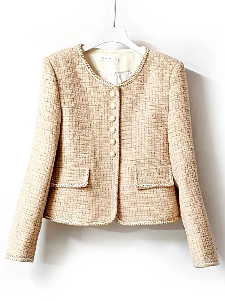 

2024 New Women's Luxury Round Neck Coarse Tweed Long Sleeved Fragrant Short Jacket Fashionable Tweed Temperament Coats Jacket