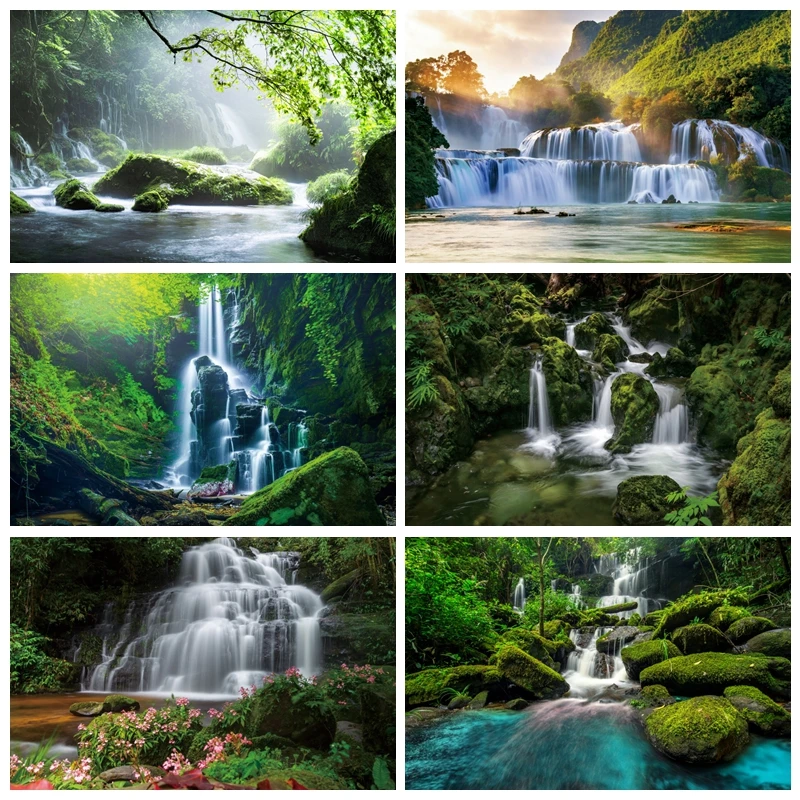 Spring Natural Scenery Backdrop Photography Waterfall Mountain Forest Tree Water River Landscape Photo Background Studio Props