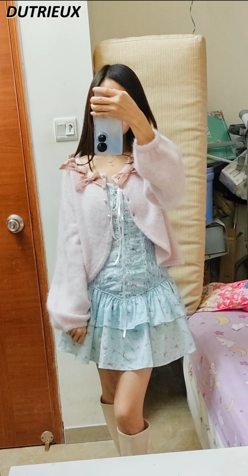 Japanese Gentle Sweet Cute Lolita Bow Pearl Button Sweater Cardigan Women Round Neck Long Sleeve Sweaters Autumn Winter Clothes