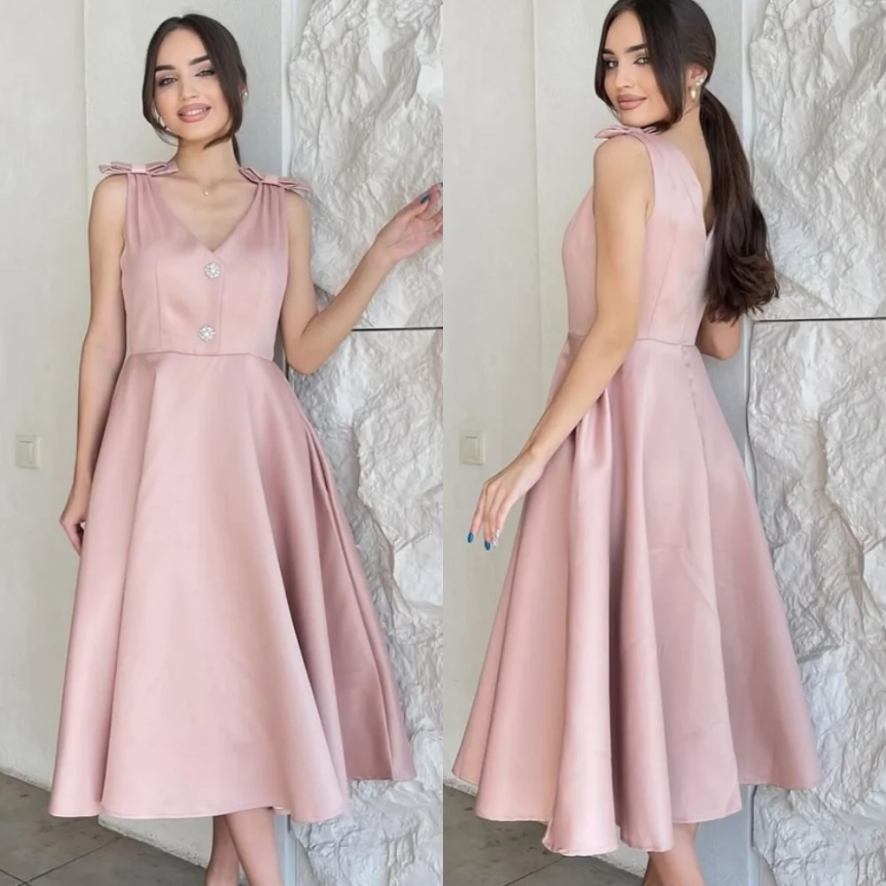 

Customized High Quality Pink Jersey Evening Dress Exquisite V-Neck Butterfly Sleeves Sleeveless Crystal Special Occasion Gowns