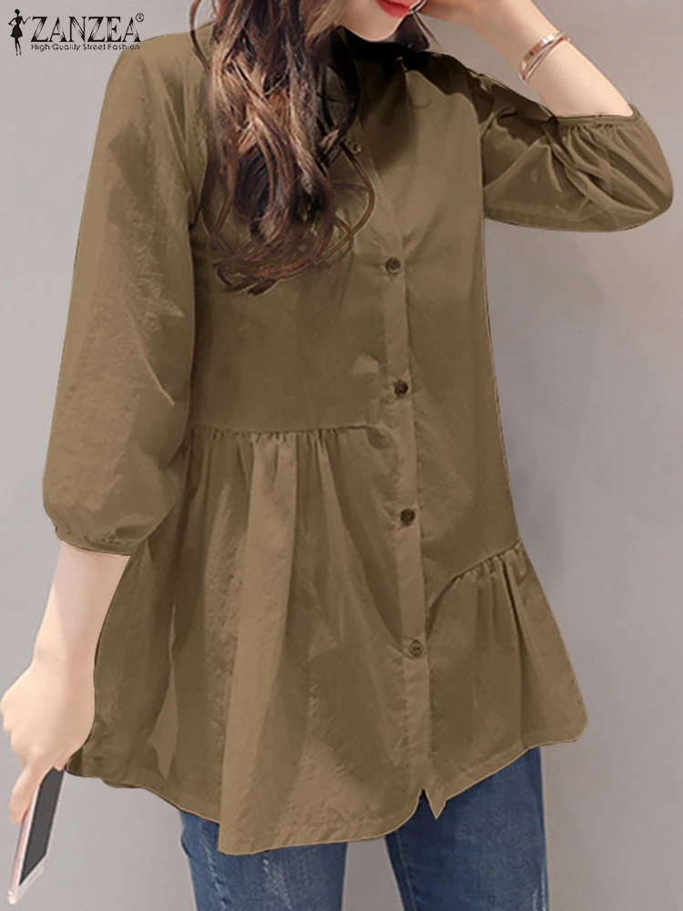 2025 ZANZEA Women Autumn Blouses Fashion Work Shirt Solid Blusas Casual O Neck 3/4 Sleeve Tops Buttons Chemise Oversized Tunic