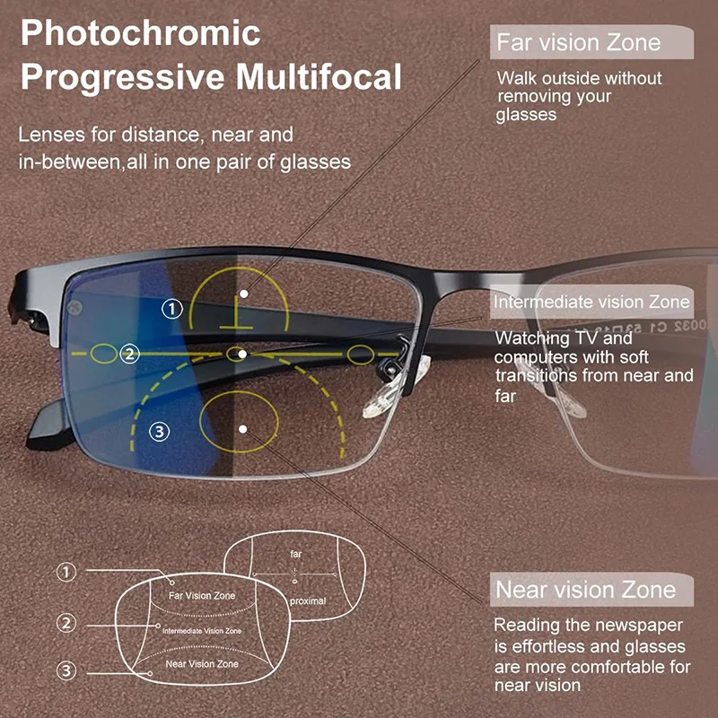 Óculos de Leitura Multifocais Progressivos Fotocromáticos para Homens com Funções de Perto e Longe, Zoom Inteligente e Lentes Anti Luz Azul