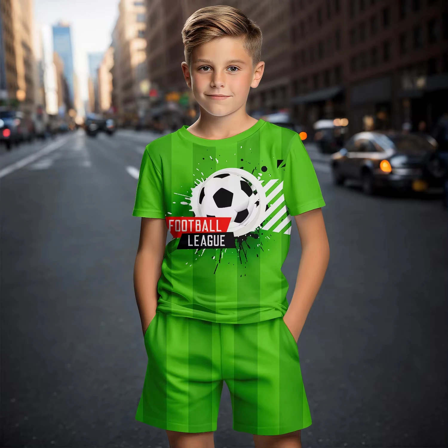 Children\'s Clothing Suit For Boy Summer Short Sleeve T-Shirt 2 Piece Set 3D Football Print Shorts Casual Outdoor Children\'s Sets