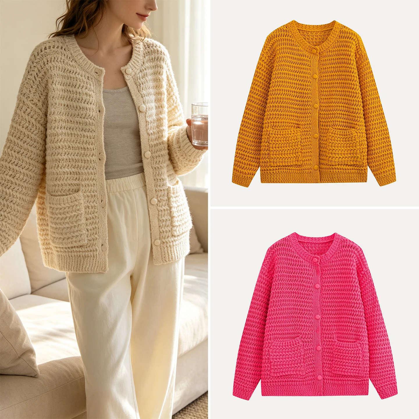 Fashionable Multicolor Knitted Button Pocket Open Cardigan Women's Autumn Outerwear Casual Style Long Sleeve ZADATA Brand