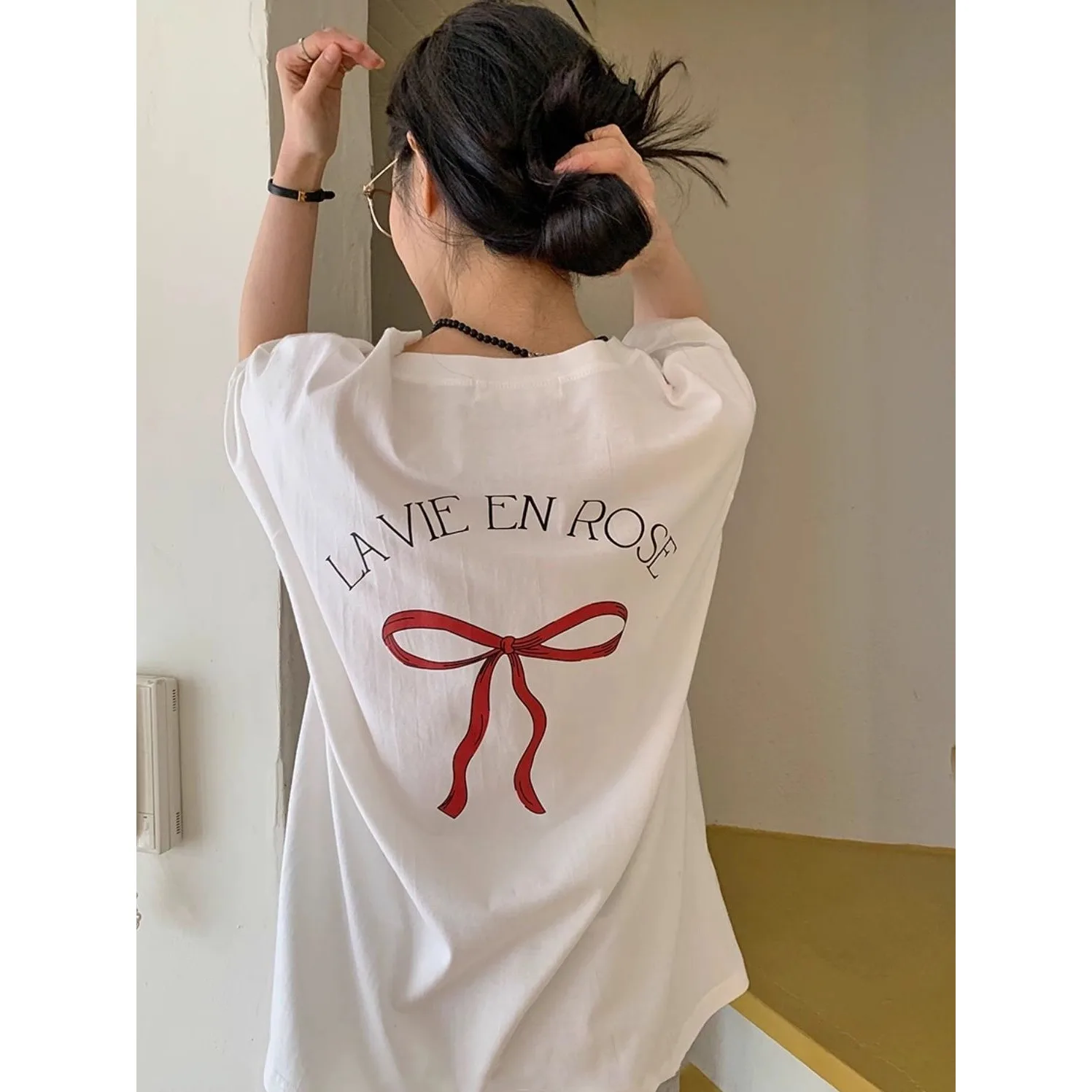 Bow Print Round Neck Short Sleeved T-shirts Aesthetic Clothes Grunge Oversized T Shirt Kawaii Graphic T Shirts Y2k Korean Tee