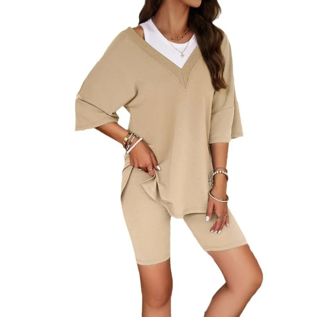 Kai Kuo Conjunto de pantalones cortos con cuello en V informal a la moda para mujer Ropa de primavera y verano