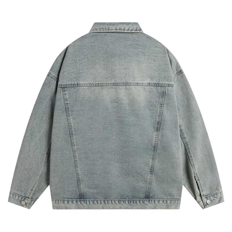 Men Denim Jacket Streetwear Coat Single Breasted Turn Down Collar Women Patchwork Pockets Washed Overcoat 2025 Vintage Outerwear