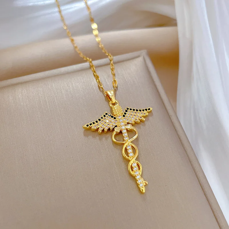 Stailess Steel CZ Angle Wings Necklace Snake Ouroboros Magic Wand Caduceus Asclepius Necklaces Emergency Medical Movies Jewelry