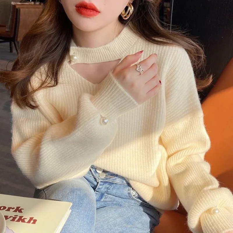 

Autumn Winter Elegant Temperament Solid Color Sweater Women Simplicity Loose Long Sleeve Knitwear All-match Casual Knitting Tops