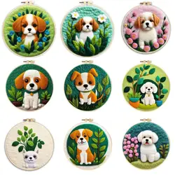 CHENISTORY Needle Felting Wool Painting With Embroidery Cute Dog Animal Needle Felt Starter Set Felt Painting For Beginner