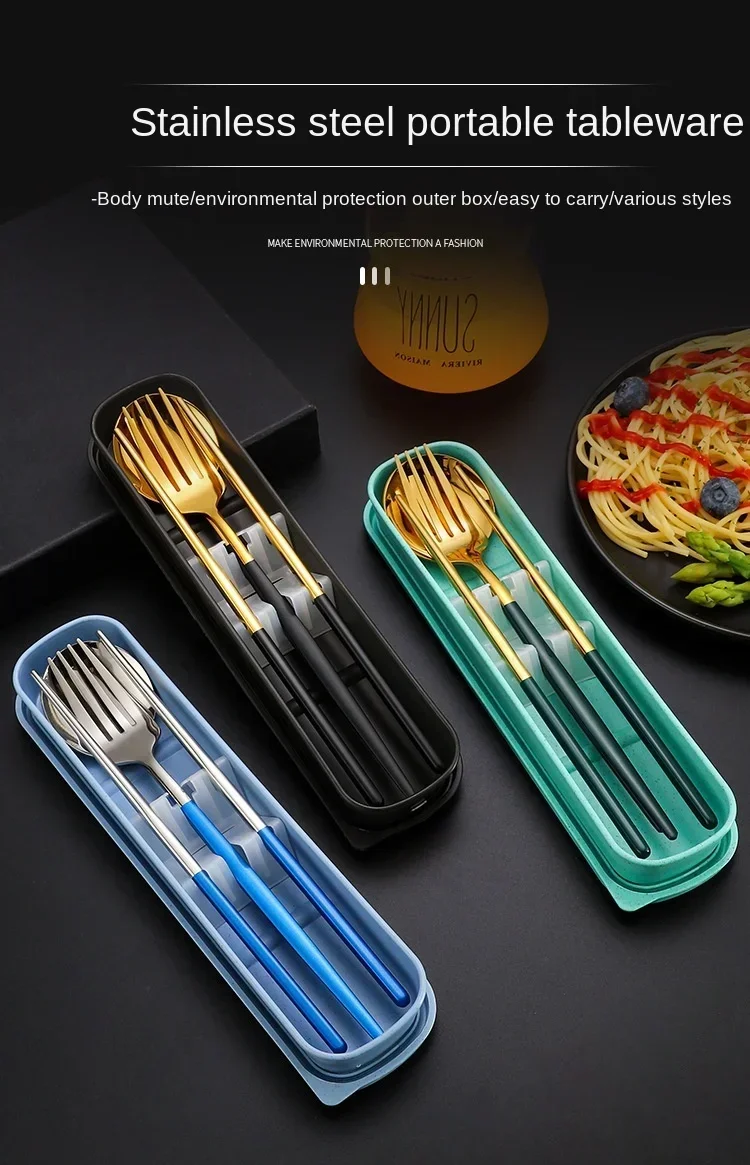 3 Pcs Dinnerware Set Stainless Steel Eco-friendly Spoon Fork  Chopsticks Travel Metal Cutlery Set Portable