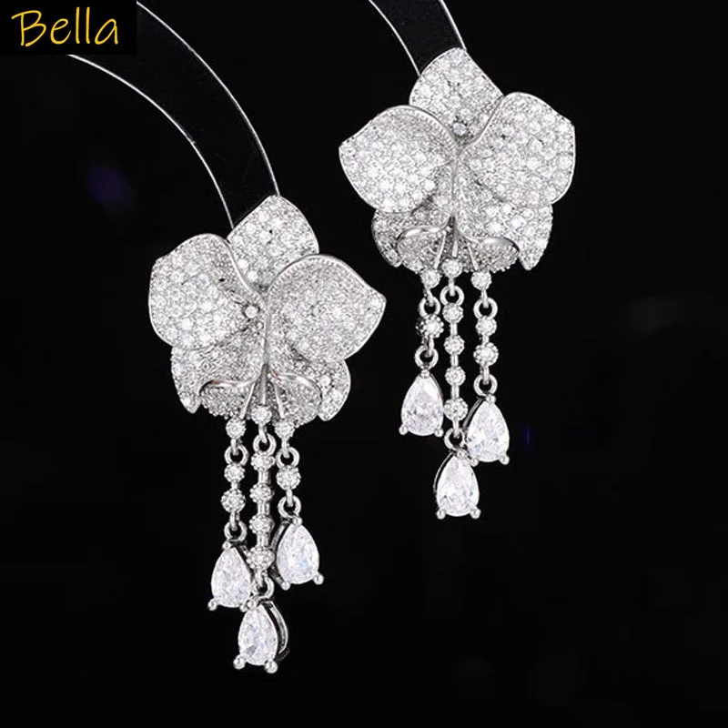 

White Flower Earrings for Women Elegant Shiny Zircon Luxury Jewelry Wedding Evening Party Female Gift