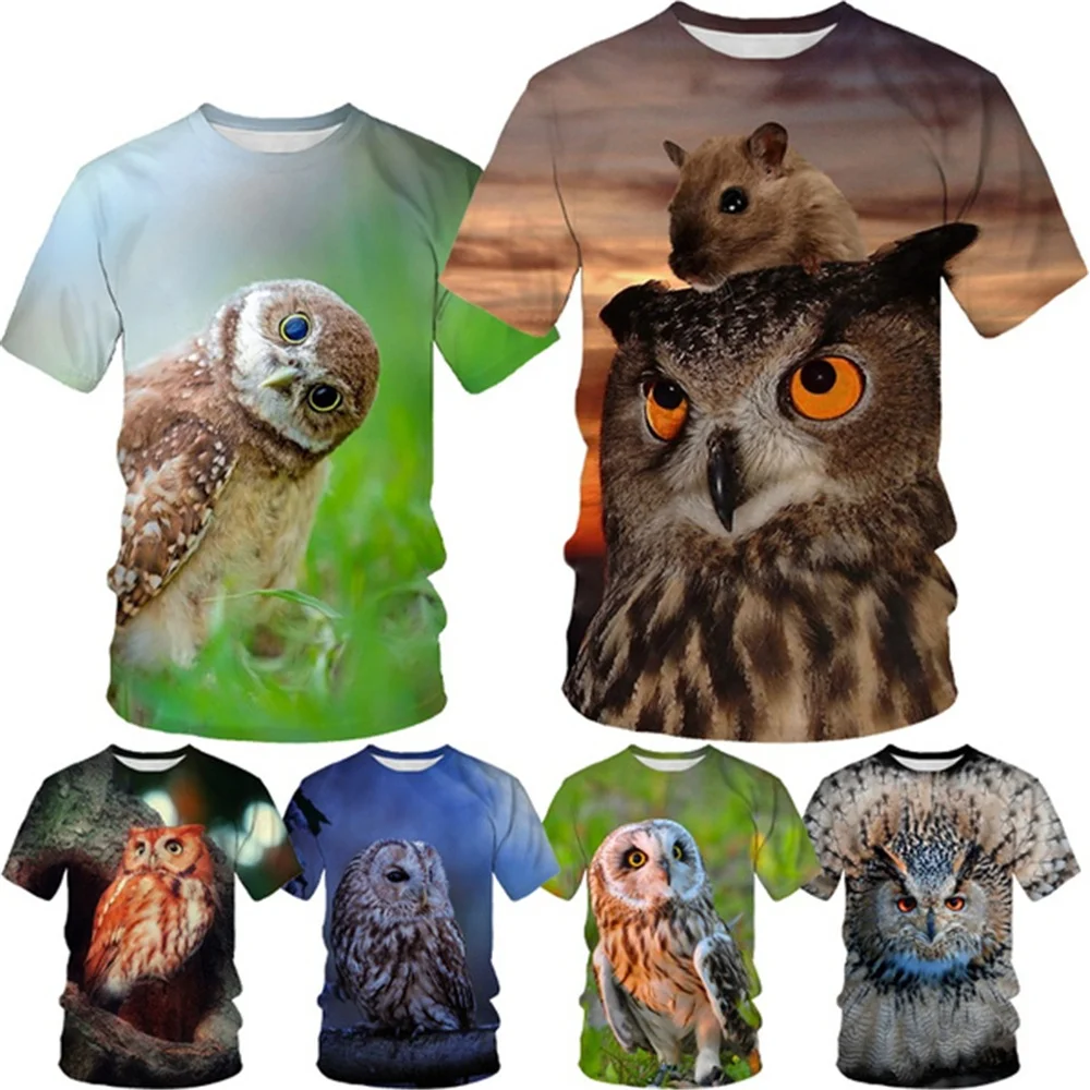 New High Quality 3D Printing Flower Owl Men\'s T-shirt Summer Personality Casual Fashion Round Neck Short Sleeved Tops