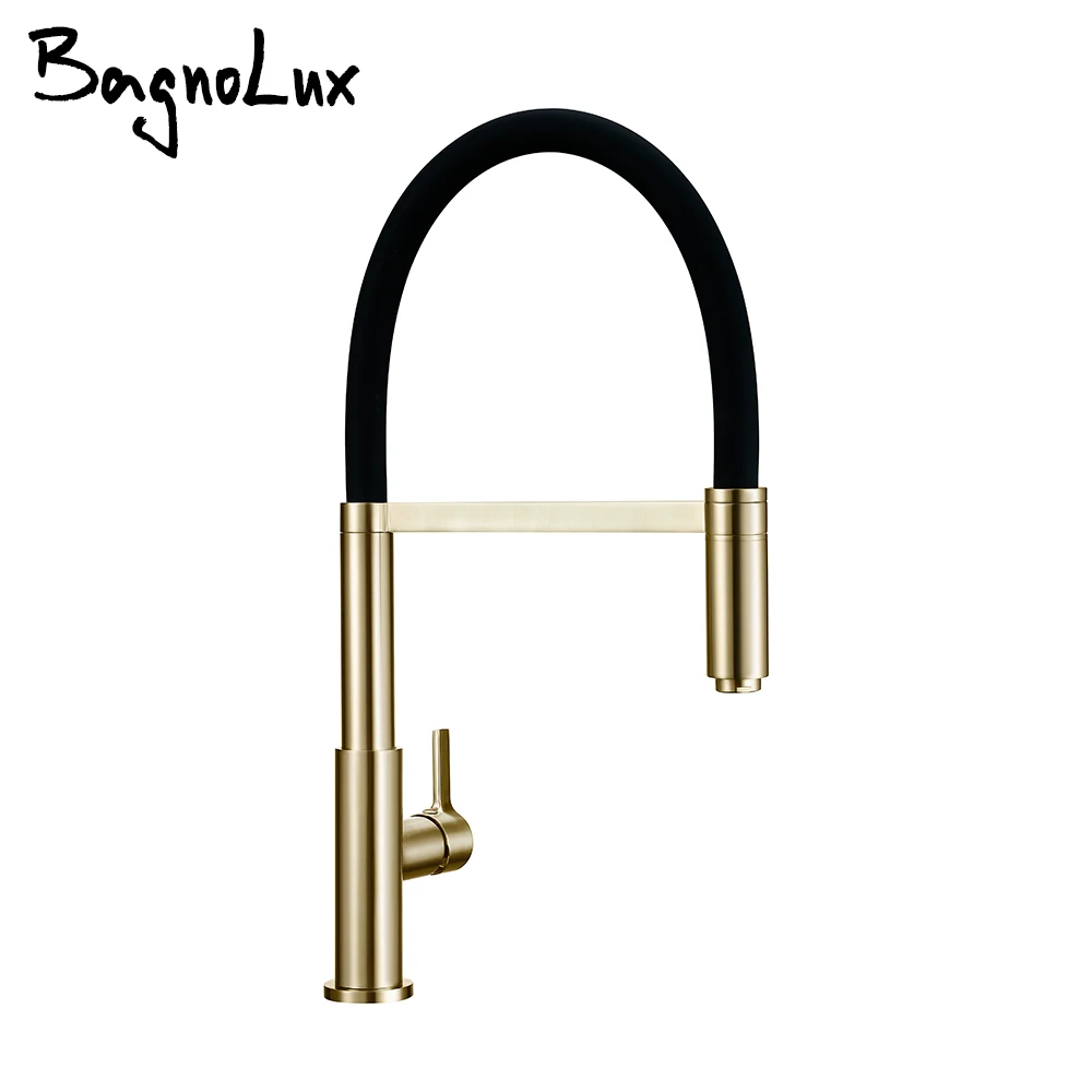 

Brushed Gold Kitchen Faucet Hot And Cold Water Tap Black Hose Matte Gold Spout Sink Mixer Made Of Lead Free Copper